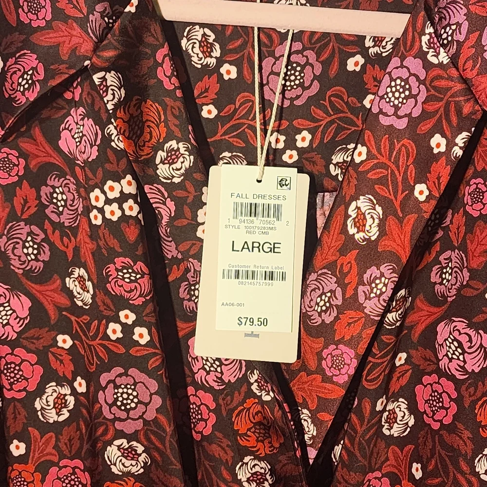 Floral Wrap Dress Red and Pink Silky Eco Friendly Recycled Fabric Fall Workwear - Picture 5 of 7